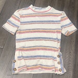 Striped high neck short sleeve fitted top with Button Detail